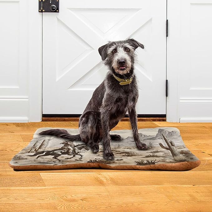 Western Desert Cowboy Dog Bed Cat Bed with Non-Slip Bottom, Kennel Bed Crate Soft Pet Bed Mattress Washable Pets Bed Pad for Small Medium Large Dogs Cats,18x24in