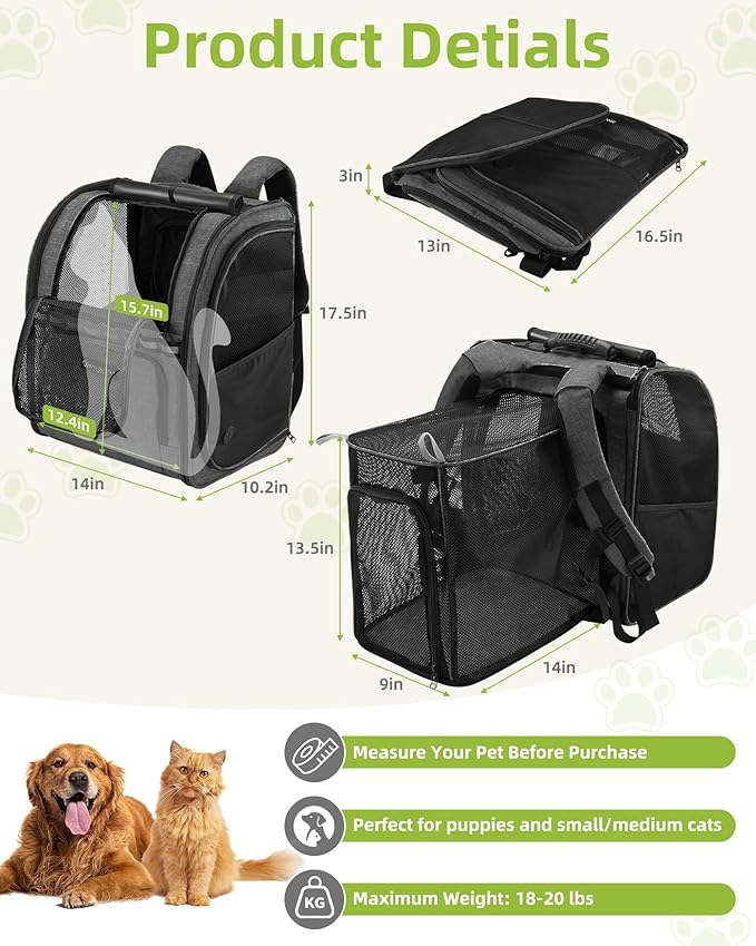 Expandable Cat Carrier Backpacks with Breathable Mesh, Pet Carrier Backpack for Cats Small Dogs Puppies Up to 20 Lbs, Dog Carrier Backpack Great for Travel/Hiking/Camping/Outdoor-Black