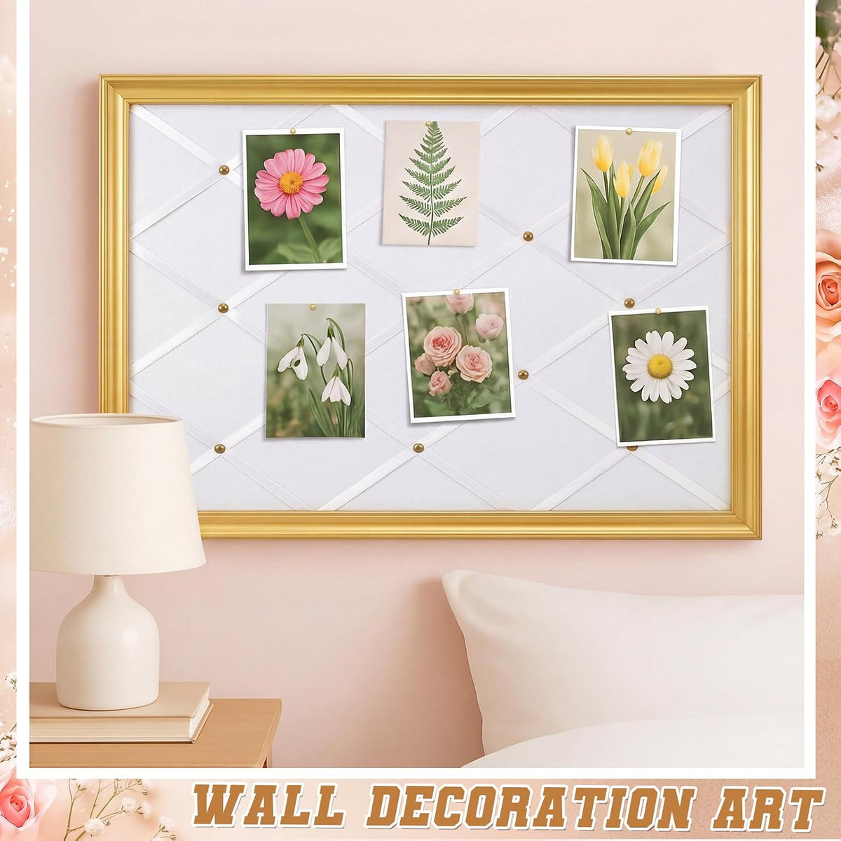 DoubleFill White Bulletin Board 21"×27" Linen Fabric Decorative Board Hanging Memo Boards for Women Large Cork Bulletin Boards for Home Office with 20 Pushpins - White Linen with Gold Frame