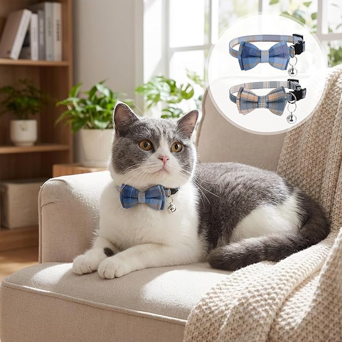 2Pcs Cat Collar Breakaway, Cute Plaid Cats Collar with Bells Soft Adjustable Kitten Accessories, Cat Bowtie Collar with Cat Buckle for Kitten Puppy and Small Pets
