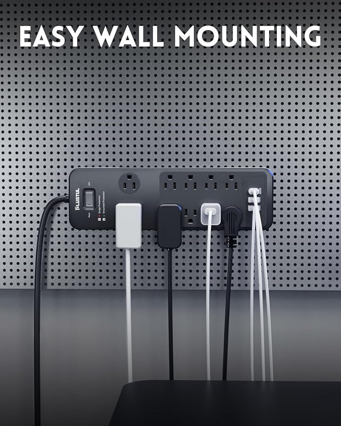 Surge Protector Power Strip 10FT, PLUGTUL Surge Protector with 10 Outlets - Spacious Design for Large Plugs, Flat Plug, 20W USB C Charging for Home, Office, ETL Listed，2040J