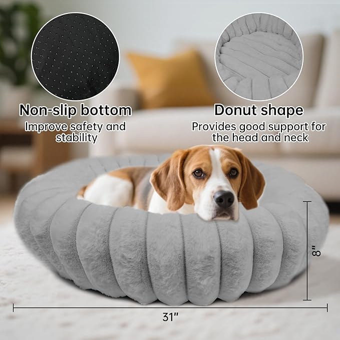 Donut Dog and Cat Bed, Luxurious Comfortable Faux Rabbit Fur Pet Beds, Round Anti-Anxiety Calming Puppy Kitten Bed with Anti-Slip Bottom for Small Medium Dogs & Cats(31", Grey)
