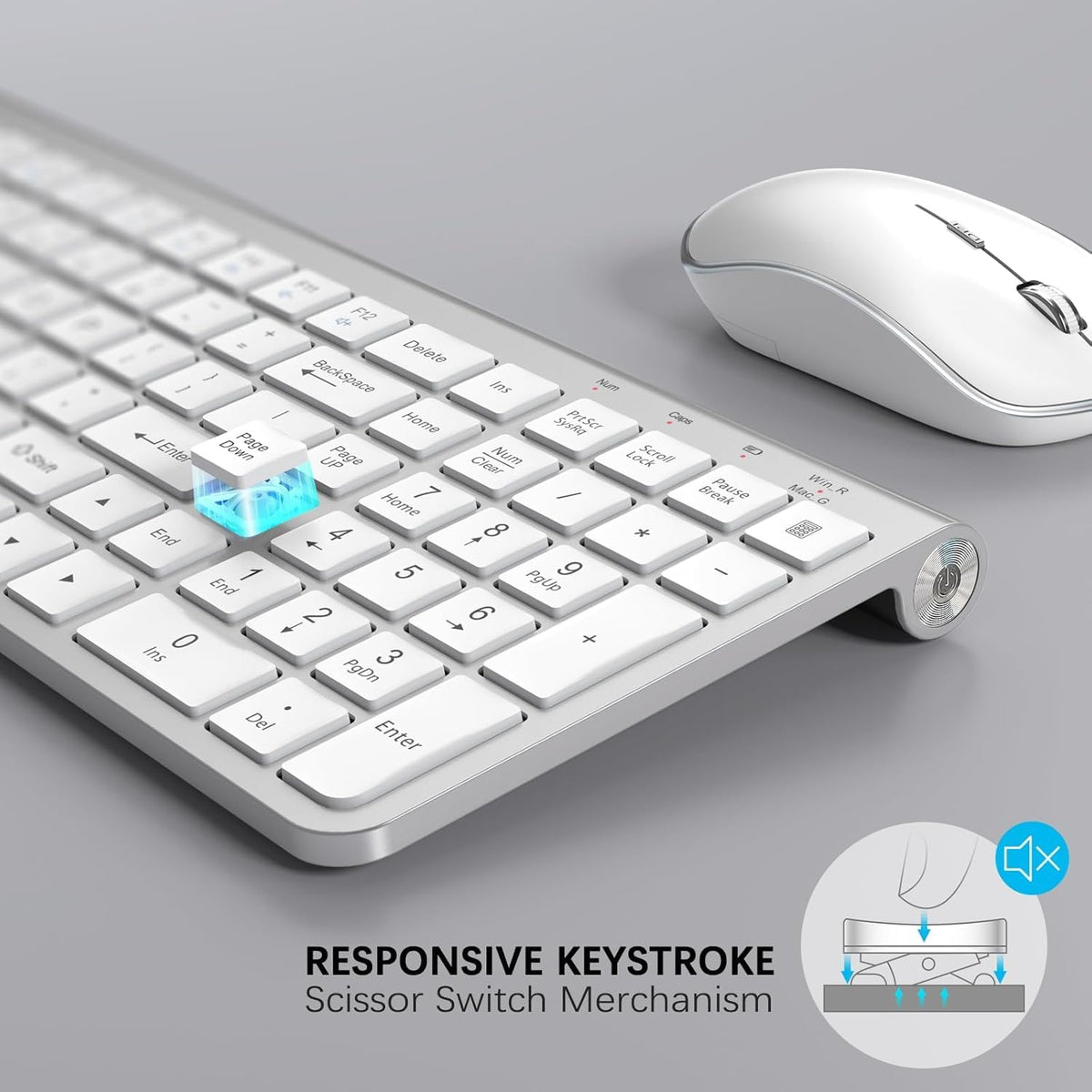 JOYACCESS Wireless Keyboard and Mouse, Ergonomic,Dustproof and Portable Wireless Keyboard with Number Keypad, Adjustable DPI Computer Mouse for Laptop,PC, Windows-Silver White