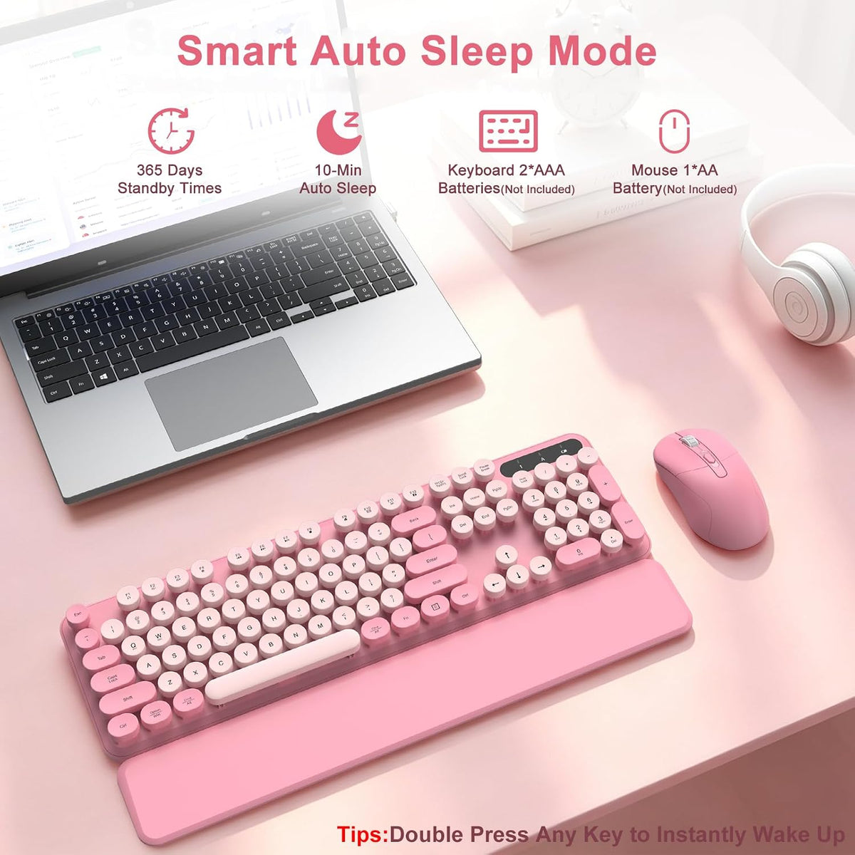 Pink Wireless Keyboard and Mouse Combo, Magnetic Wrist Rest, Round Keycap
