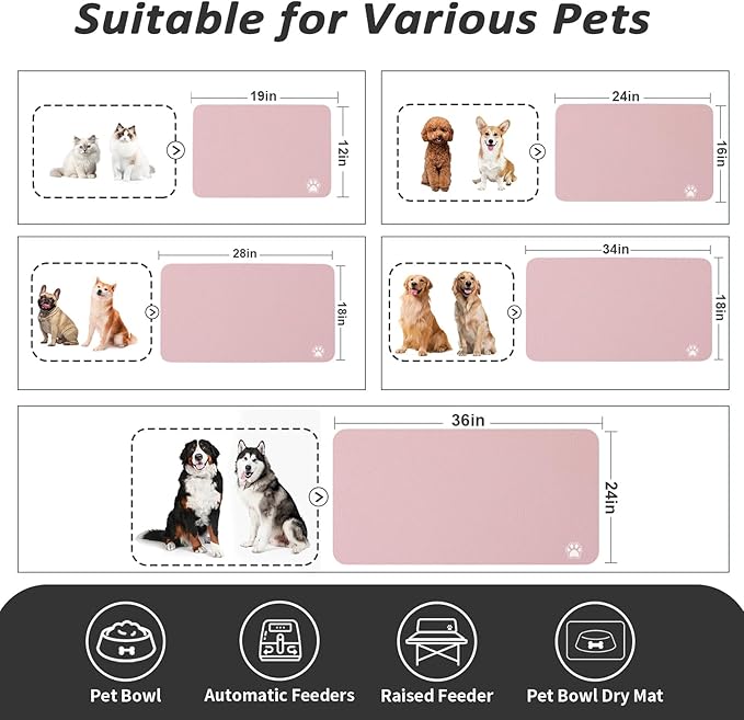 Dog Food Mat - Absorbent Cat Mat for Food and Water, No Stains Pet Feeding Bowl Mat, Easy to Clean Pet Placemats, Quick Dry Dog Water Dispenser Mat for Messy Drinkers | Paw Pink 16"x 24"