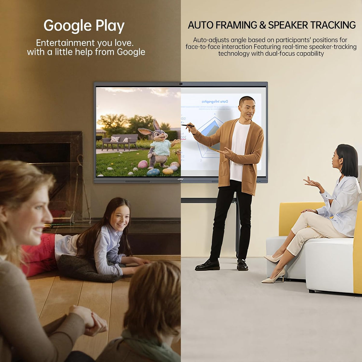 JAV 65" Smart Board Pro Google EDLA Certified 4K UHD Interactive Whiteboard for Classroom Office All-in-One Touchscreen Display with 48MP AI Camera 100W Soundbar Android 14 8+128GB Wall Mount Included