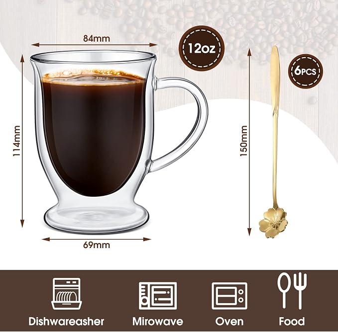 Gejoy 6 Sets Double Wall Glass Coffee Mugs