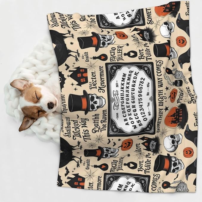 Dog Cat Blanket Double Sided, Halloween Witchcraft Witch Pumpkin Spider Web Bat Raven Magic Board Spirit Skull Skeleton Vintage Black, Plush with Raised Dot Pattern and Smooth Reverse for Cuddling