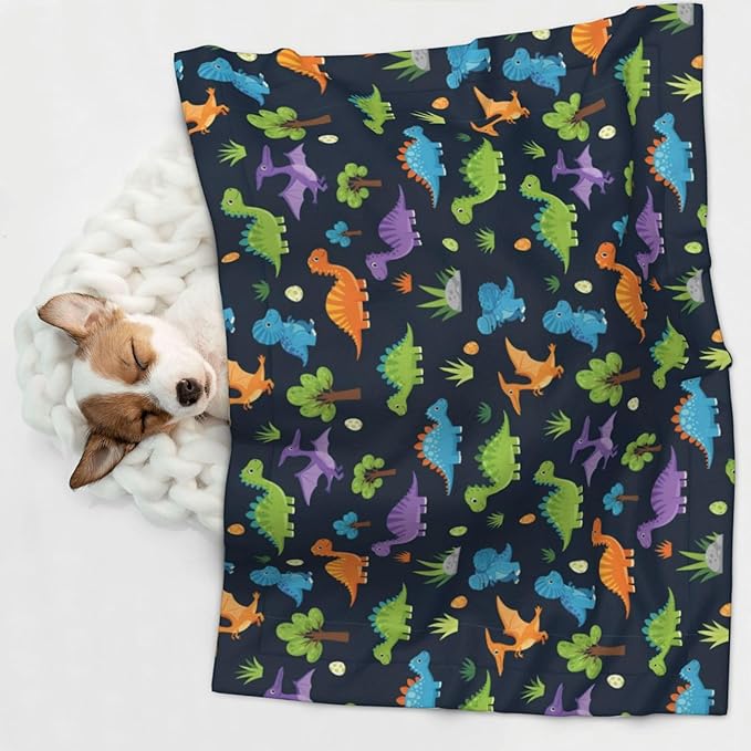 Dog and Cat Blanket in One, Cute Colorful Cartoon Dinosaurs, Double Sided Plush Throw with Raised Dot Pattern on One Side and Flat Velvet on Other for Variety