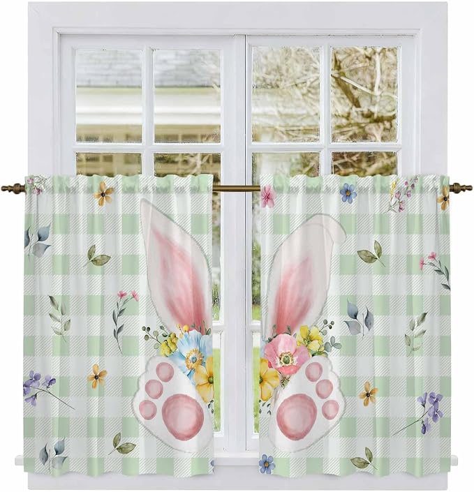 Easter Kitchen Tier Curtains 45 Inch Long 2 Panel Set, Rod Pocket Short Window