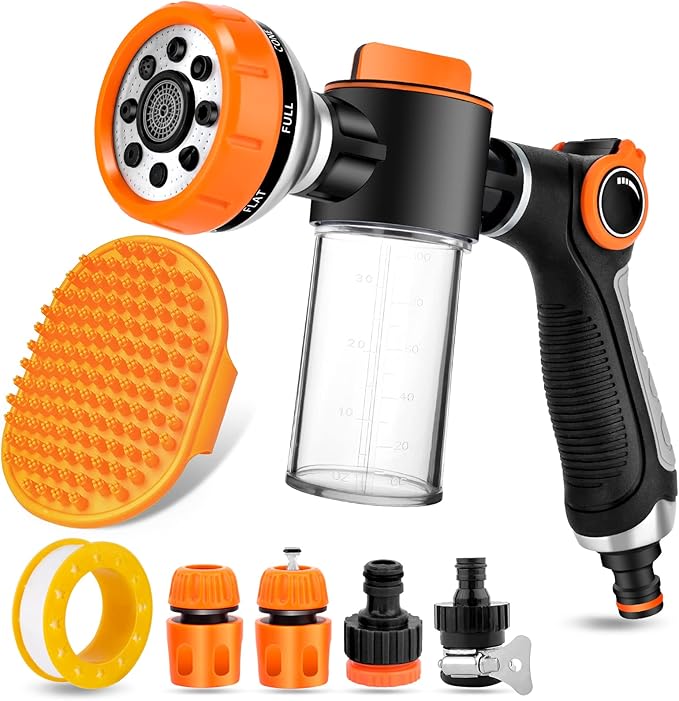 8 in 1 Garden Hose Nozzle Sprayer, Upgrade Dog Wash Hose Attachment with 3.5OZ/100CC Soap Dispenser Bottle and Dog Shower Brush, Ideal for Watering Flowers, Car Washing, Dog and Horse Bathing