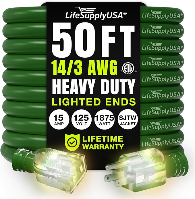50ft Outdoor/Indoor Extension Cord 14/3 Gauge Heavy Duty 3 Prong SJTW, Waterproof, ETL Listed, Flexible Cold-Resistant Long Power Cord,15A 125V 1875W, Green by LifeSupplyUSA