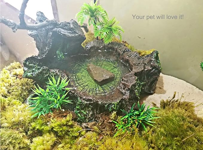 PINVNBY Reptile Water Dish, Bearded Dragon Water Bowl, Resin Reptile Platform with Artificial Plants Food Water Dish Bowl for Bearded Dragon, Crested Gecko, Hermit Crab, Snake (Smooth)