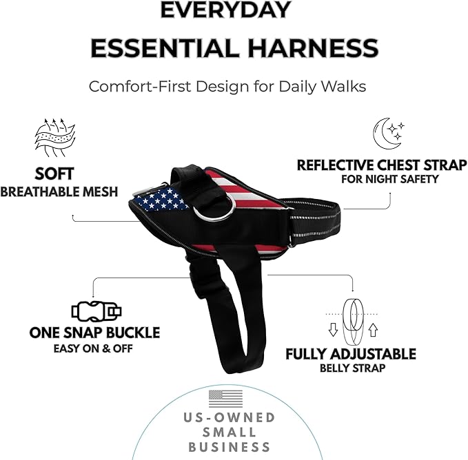 ShawnCo Essential Dog Harness, No-Pull Pet Vest with 3 Leash Clips, No Choke, Reflective, Adjustable and Padded, for Easy Walking and Training for Small, Medium and Large Dogs (Stars and Stripes, XS)