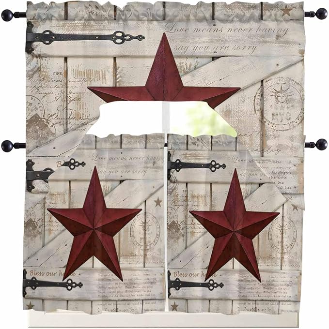 Village Stars Swag Kitchen Curtains Valance and Tier Set, Vintage Dark Red Star