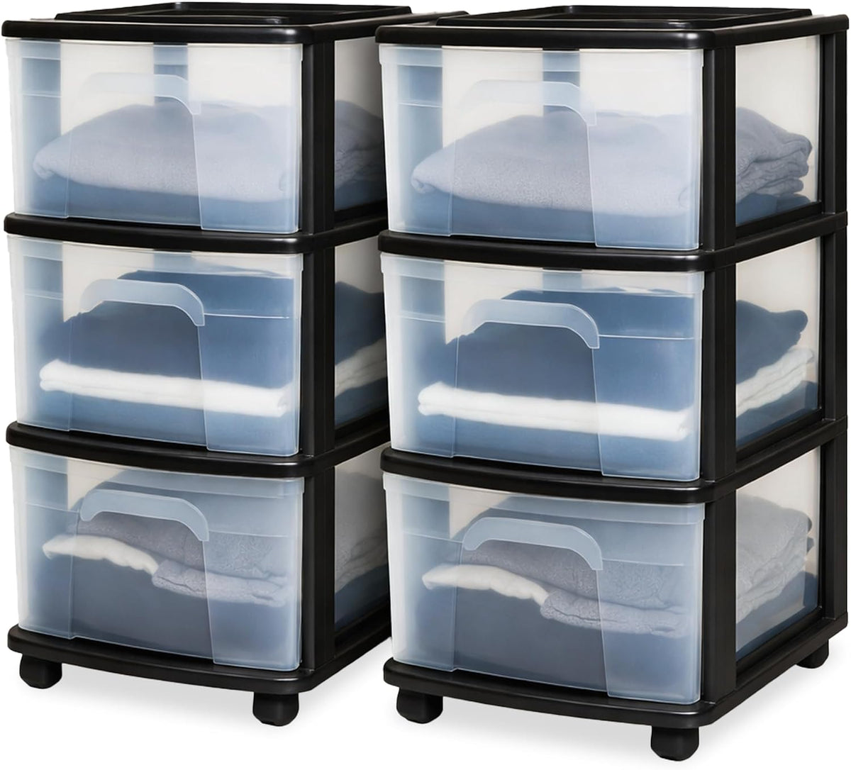 HOMZ Drawer Tower 3-Tier Storage Cart, Removable Wheels, Black Frame,2 Pack