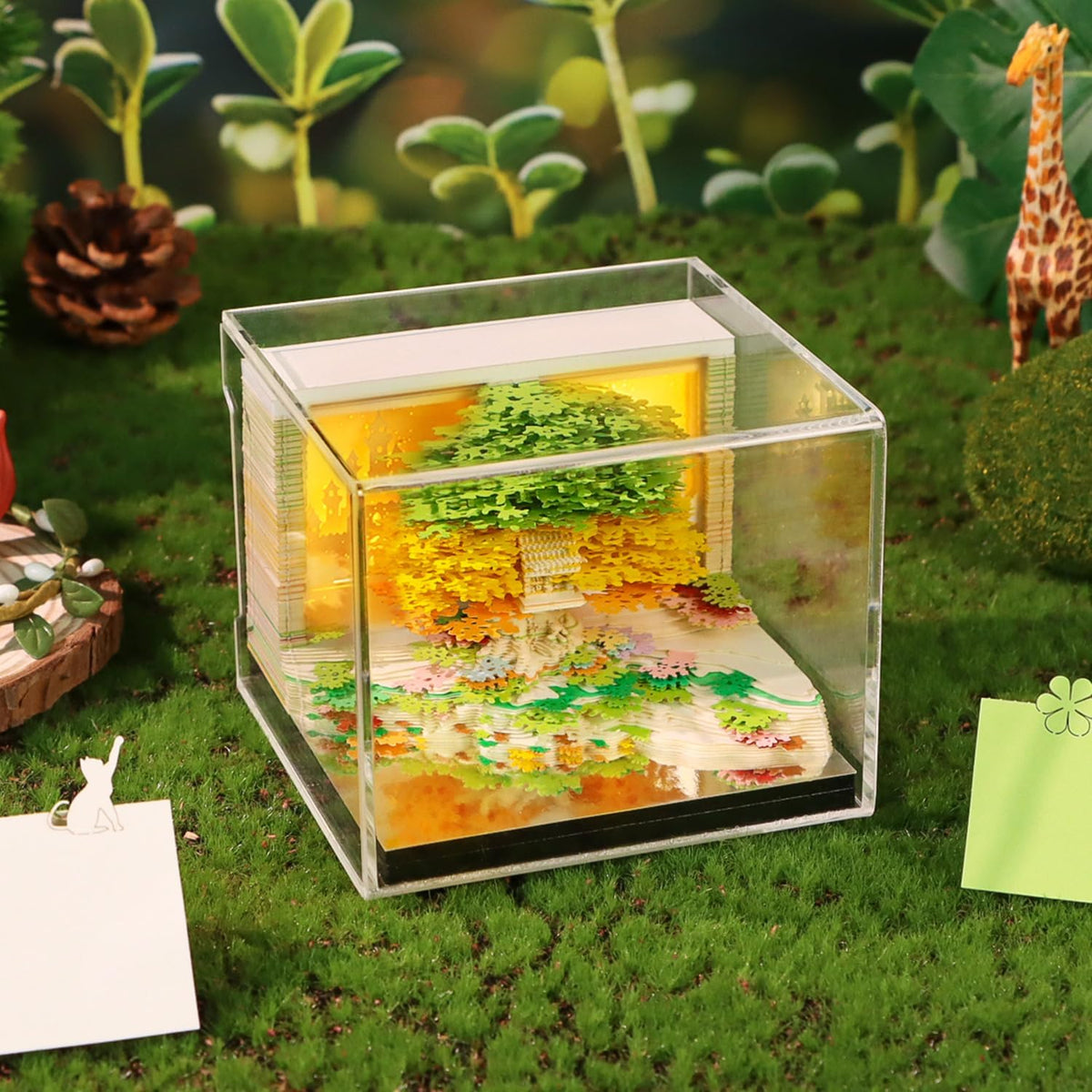 3D Calendar 2027,Tear-Away Time Piece Calendar 3D Memo Pad,Flower Sea Tree Island 3D Art Desk Calendar with Lights