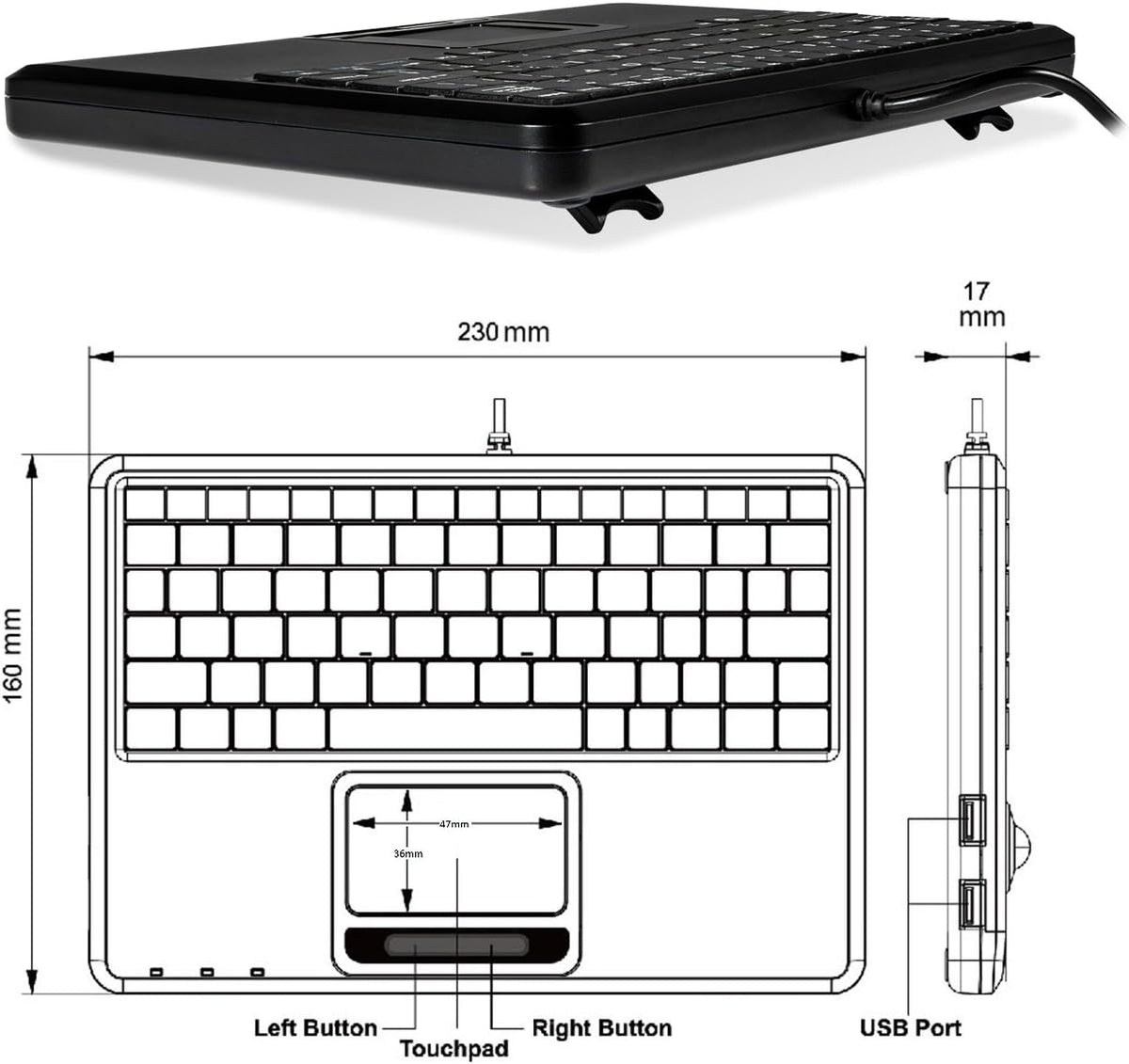Perixx PERIBOARD-510H Plus, Wired Super Mini USB Touchpad Keyboard, X Type Scissor Keys with 2 Built-in Hubs, Black, US English Layout (11005)