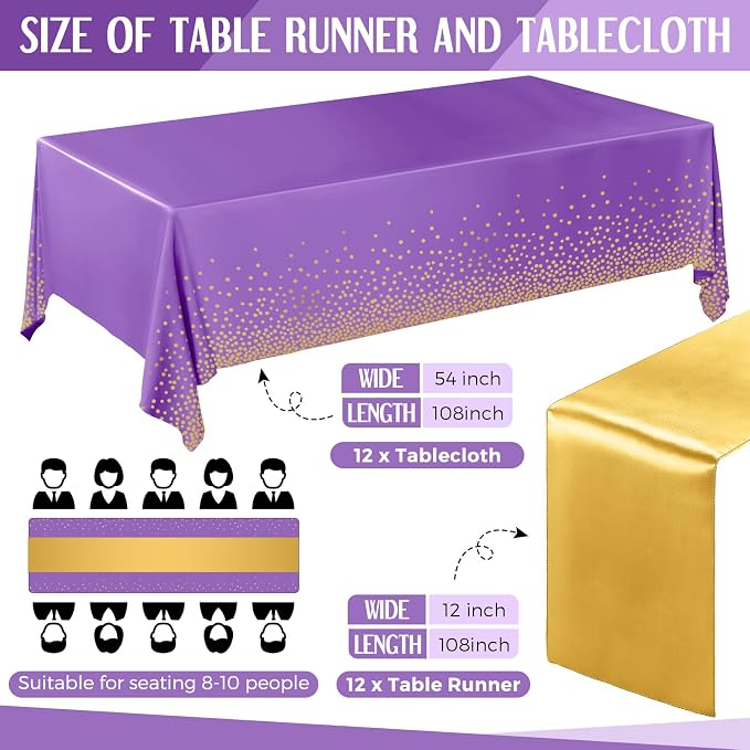 24 Pack Purple and Gold Disposable Plastic Tablecloths and Satin Table Runner