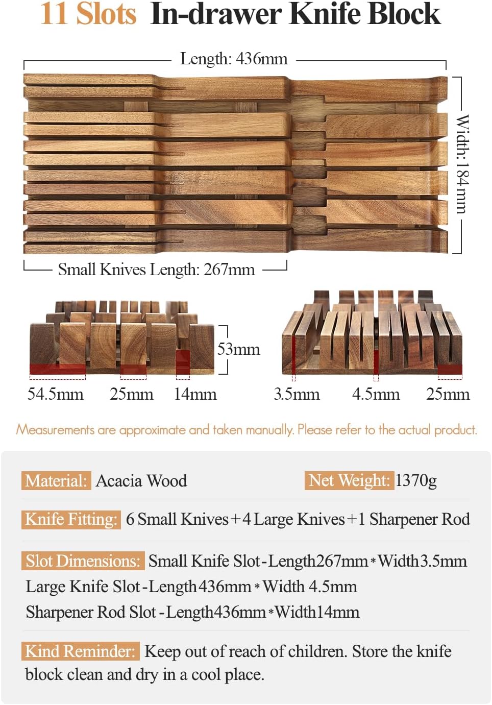 XINZUO In-drawer Knife Block, Natural Acacia Knife Drawer Oganizer, Insert-Kitchen Storage Holder, 11 Slots, Holds up to 11 Various Size Knives, Countertop Saving&Knife Protective