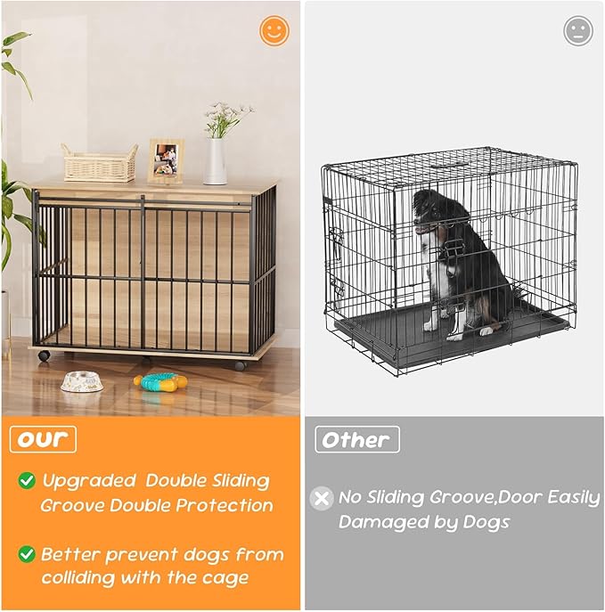 43.3" Dog Crate Furniture, Dog Kennel Indoor with Wheels for Large Medium Small Dogs, Wooden Dog Crate End Table with Sliding Door, Wooden Dog Kennel Furniture for Living Room, Bedroom