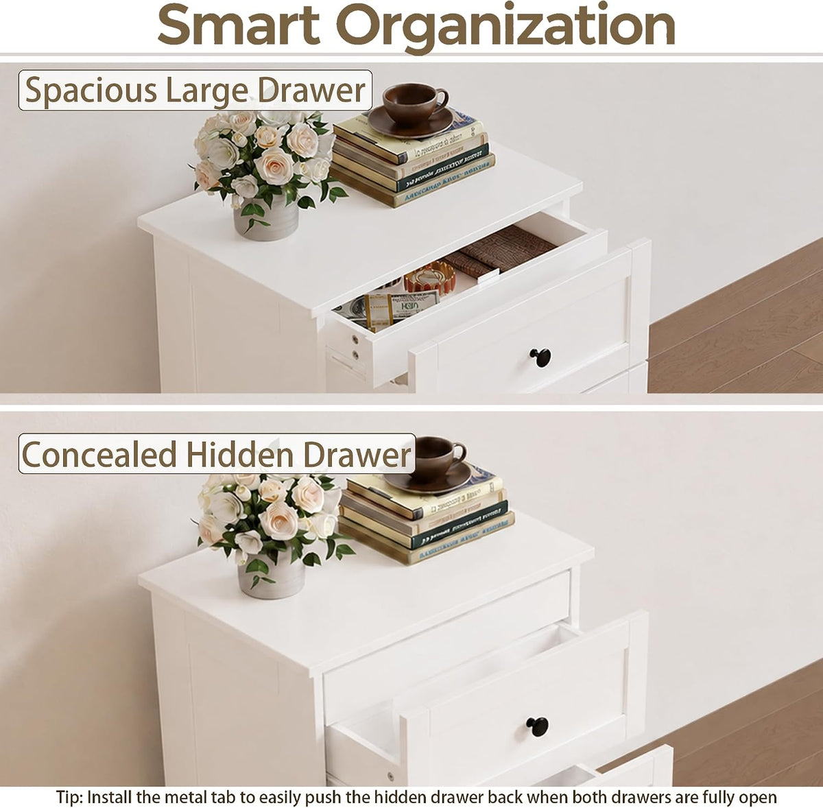 wanan Dresser for Bedroom Set of 2, White Modern 19'' Wide Wood Chest of Drawers with Hidden Drawer, Storage Organizer with Smooth Metal Rails & Anti-Tip Kit Living Room