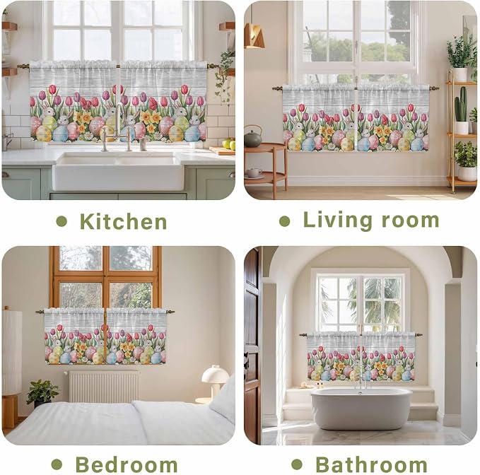 Easter Kitchen Tier Curtains 24 Inch Long 2 Panel Set, Rod Pocket Cafe Small