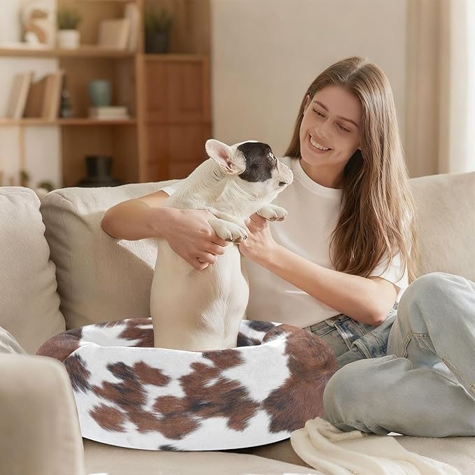 Round Cat Bed Dog Bed,20in Cow Print Washable Non-Slip Bottom Soft Pet Bed for Small Medium Dogs and Cats