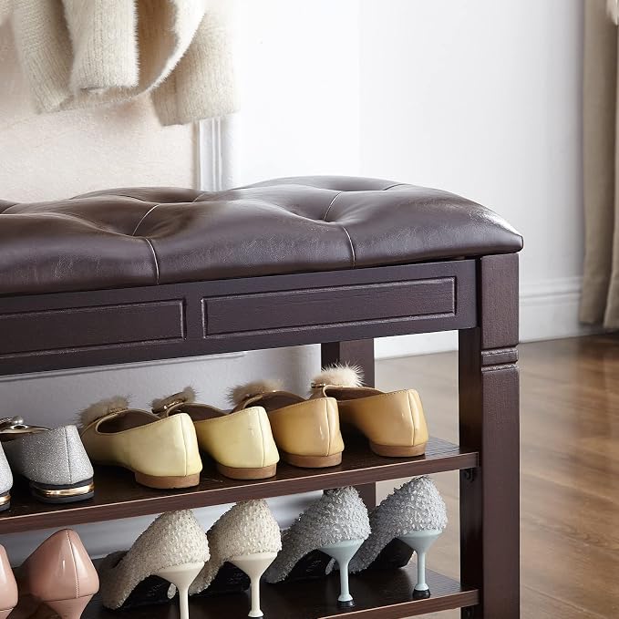 Shoe Storage Bench with Cushion, Entry Bench with Storage Solid Wood Shoe Bench