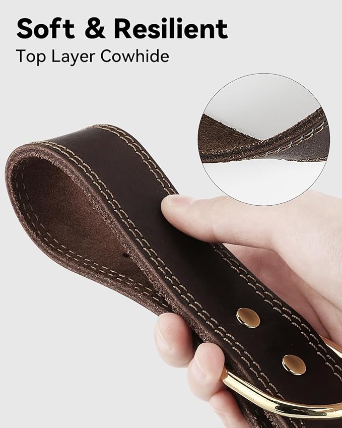 Joytale Genuine Leather Dog Collar for Large Dogs, Heavy Duty Thick Solid Leather for Power Breeds, Sturdy Adjustable Pet Collar with Metal Pin Buckle, Durable for Daily Walking, Brown, L