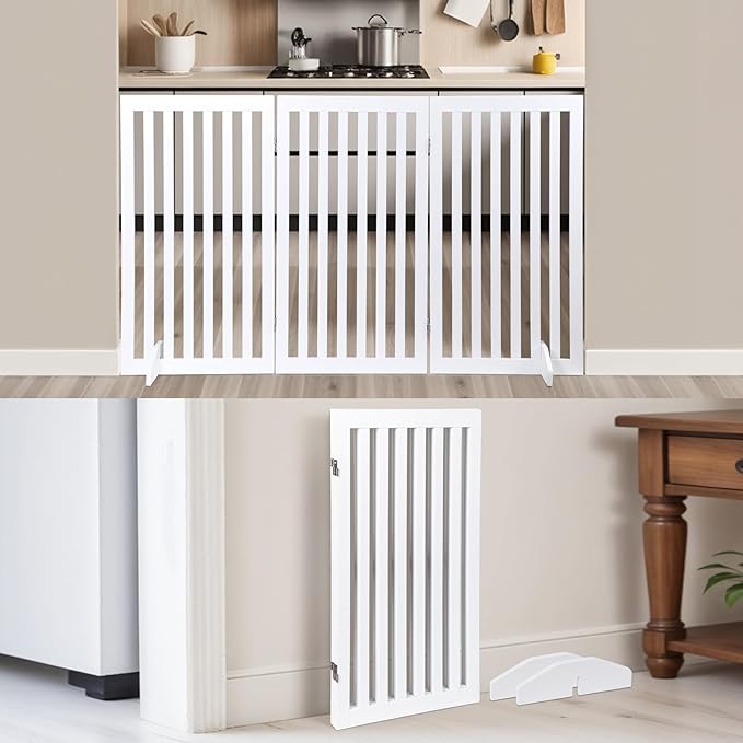 ZENY 36" H Pet Dog Gate, Foldable Freestanding Dog Door 3 Panel, Wooden Z Shape Step Over Pet Fence for Entryway, Stairs, Doorway, White