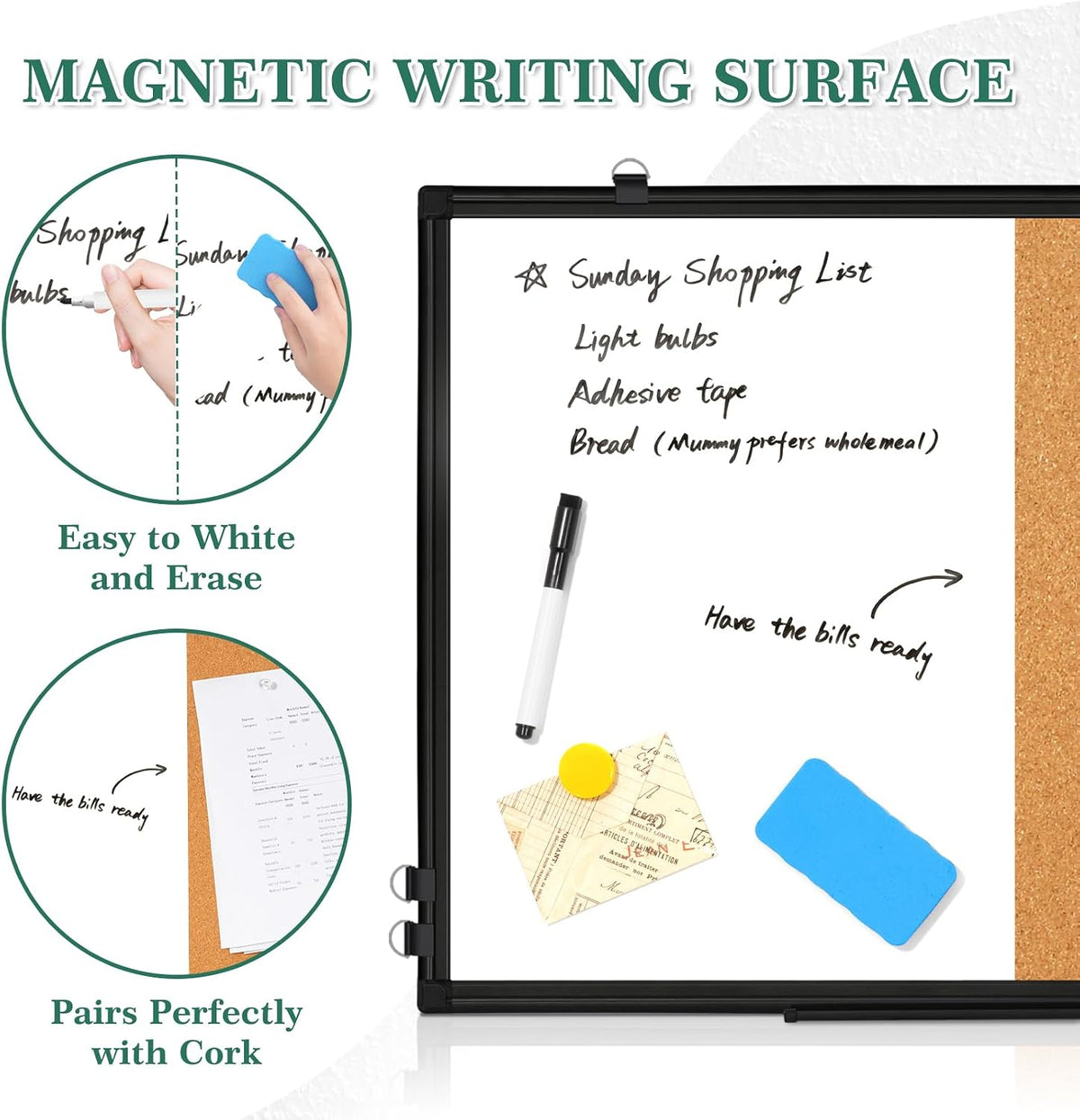 White Board Cork Board Combo for Wall, Double Sided Magnetic