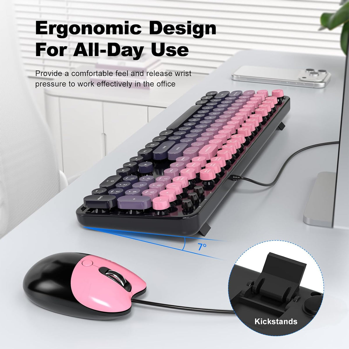 MOFII Wired Keyboard and Mouse Combo, Full-Sized Retro Typewriter Computer Keyboards with Cute Cat Mouse for Windows PC Laptop (Berry Pink)