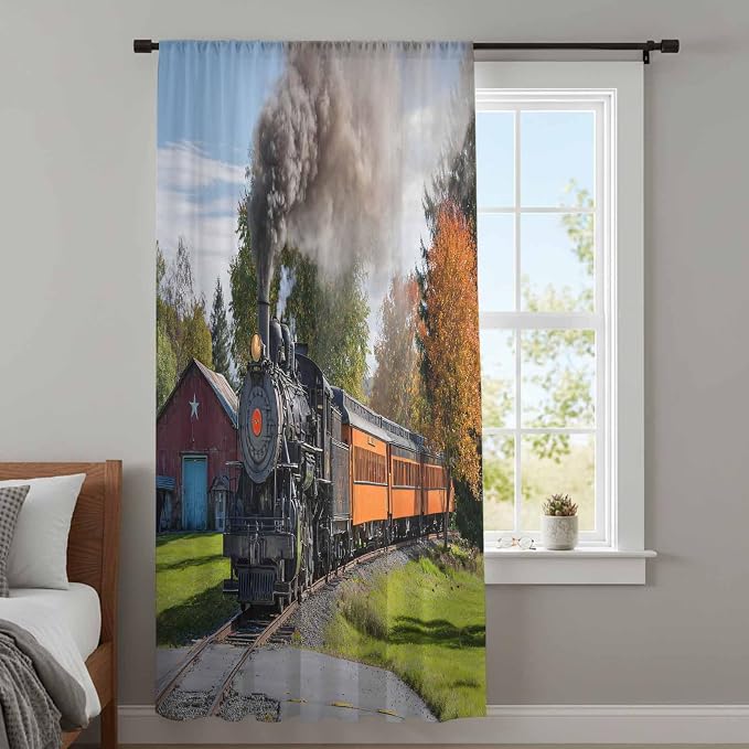 Steam Train Sheer Curtains 63 Inch Length Railroad Country Barn Rustic Trees