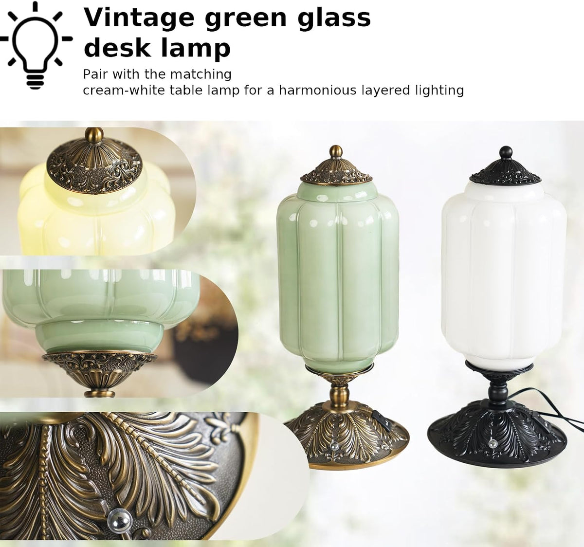 Vintage Milk Glass Table Lamp, Antique Brass Touch Desk Lamp, Green 3-Way