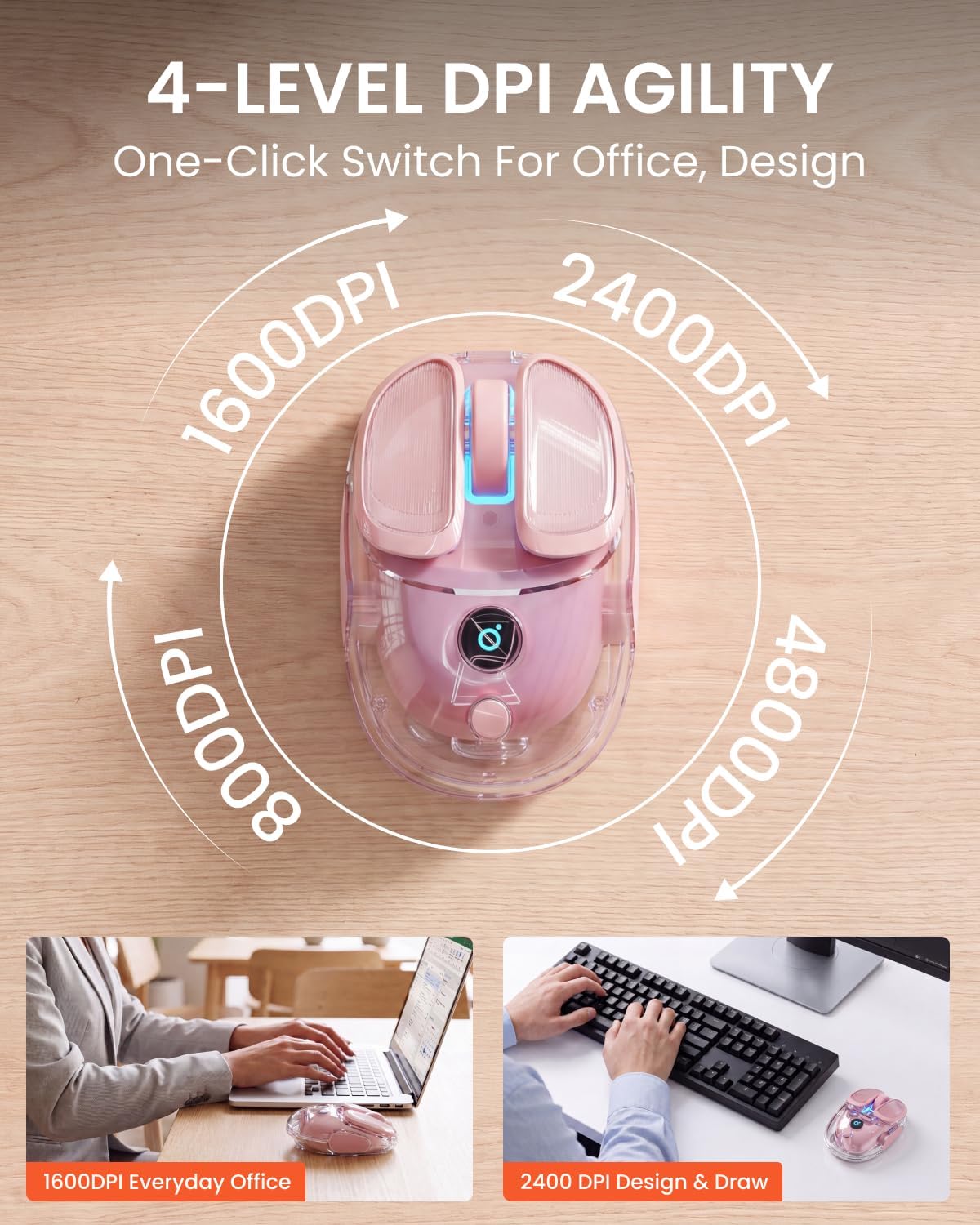 Wireless Bluetooth Mouse, Rechargeable, Clear, Silent Click for Small Hand
