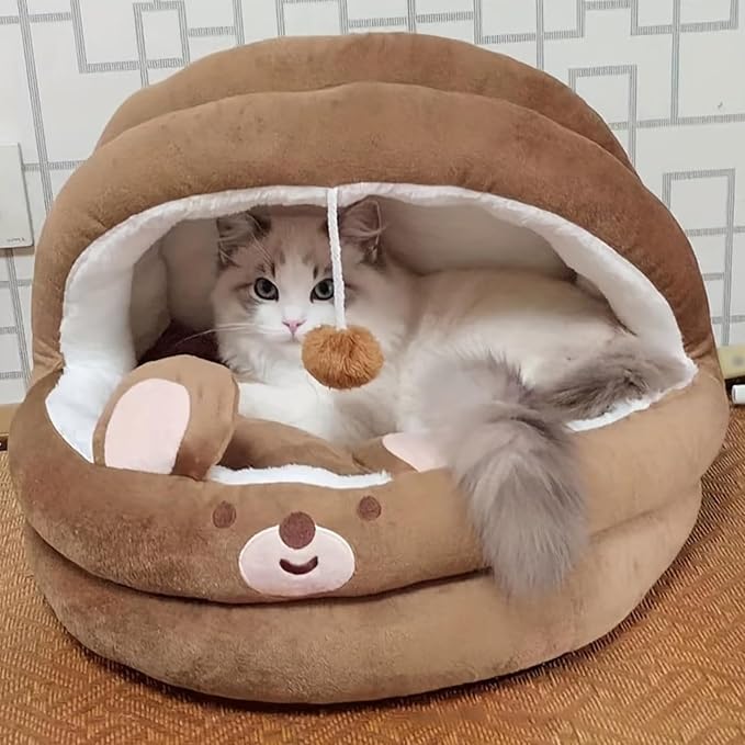 Cat Bed for Indoor Cats, Dog Bed with Anti-Slip Bottom, Rabbit-Shaped Cat/Small Dog Cave with Hanging Toy, Puppy Beds with Removable Cotton Pad, Super Soft Calming Pet Sofa Bed (Brown, Medium)