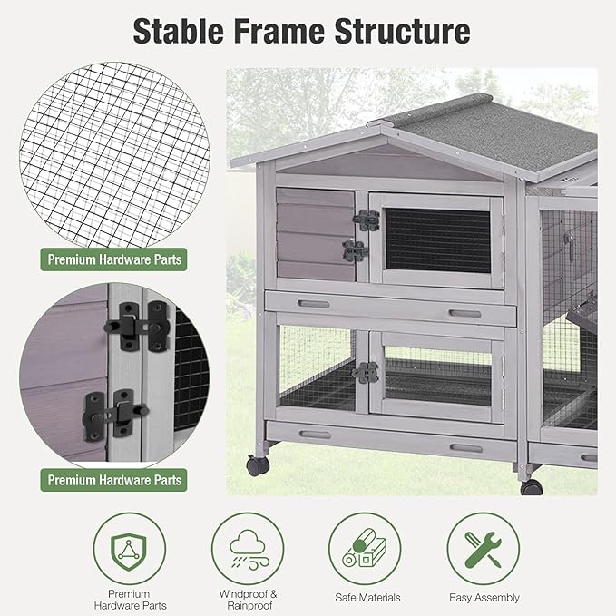 Indoor/Outdoor Rabbit Hutch with Pull-Out Tray, Weatherproof Bunny Cage & Attached Run - Also for Chickens (Grey, L)