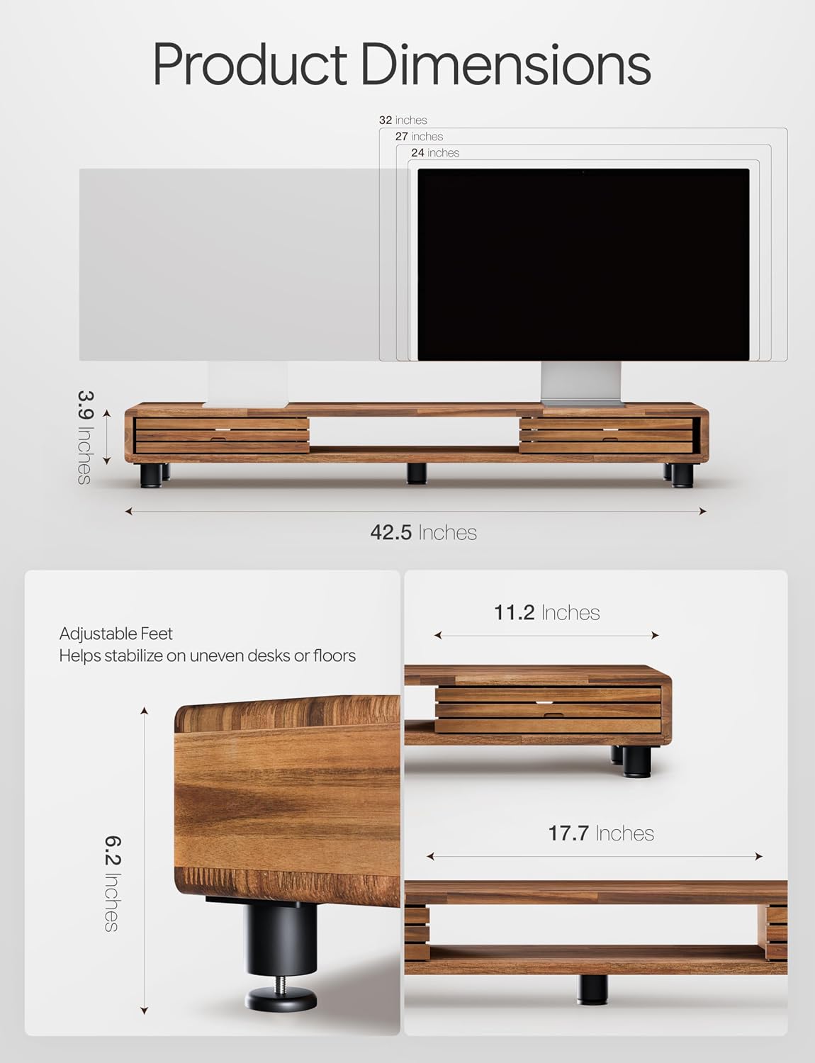 Tinamo 42.5" L Dual Monitor Stand Riser with Sliding Doors, Adjustable Feet