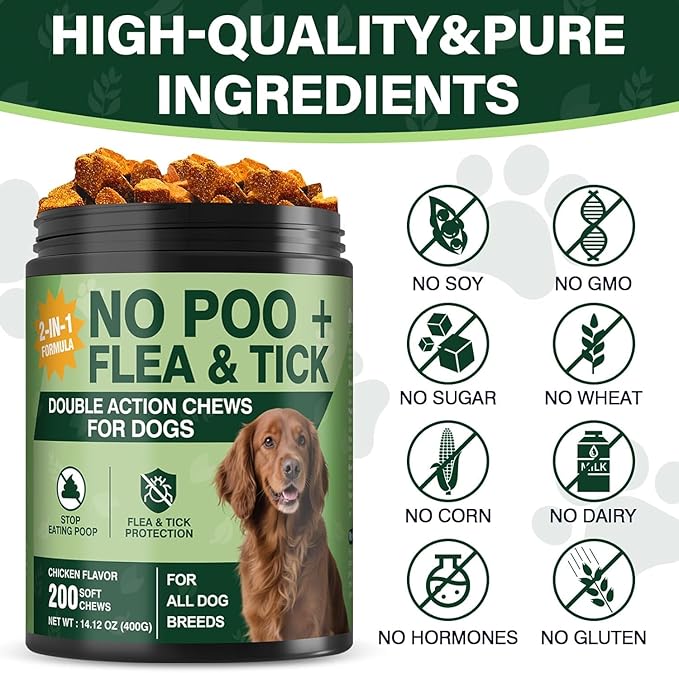 200 Chews No Poo Chew for Dogs-Flea and Tick Prevention Chews-2 in 1 Control Coprophagia & Flea Tick Supplement-Natural Soft Treats Deterrent Eat Poop with Digestive Enzymes Probiotics-Chicken