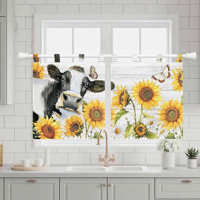 Retro Farmhouse Floral Kitchen Curtains 36 Inch Length, Small Window Curtains