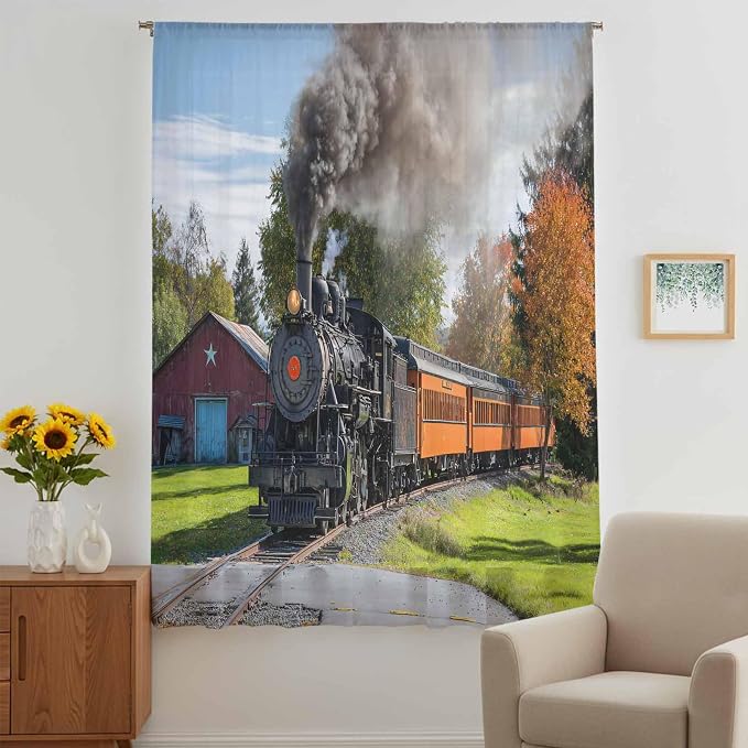 Steam Train Sheer Curtains 63 Inch Length Railroad Country Barn Rustic Trees
