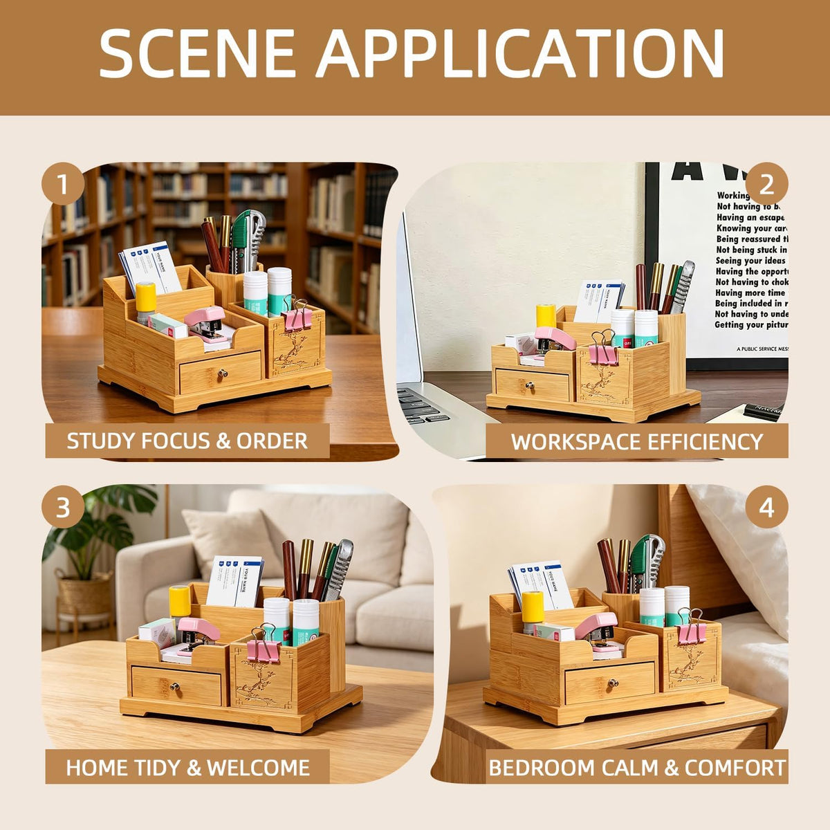 Bamboo Desk Organizer with Drawer & Pen Holder, Office Desk Caddy Storage