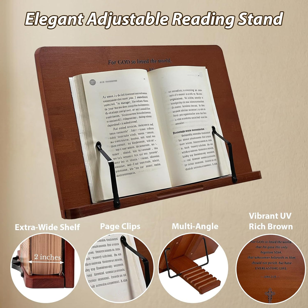 Large Bible Stand Holder, Christian Gifts for Women Men Faith, Spiritual Gifts Decor - Adjustable Bamboo Wooden Book Stand for Reading Hands Free, Cookbook Stand with Sturdy Page Clips