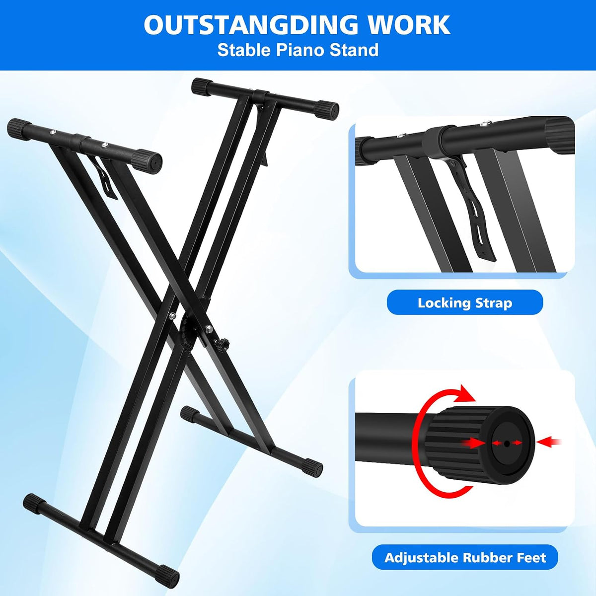 Height Adjustable Keyboard Stand With Quick Release Mechanism - Double X Foldable Heavy Duty Instrument Stand With Locking Straps for 54-61-88 Key Electronic Pianos