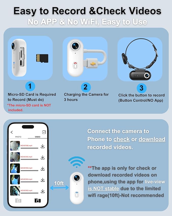 Cat Camera Collar with Tracker Tag, 1080P HD Video Recording, Check Video on Phone APP, XS-Size Pet POV Cam for Cats & Small Dogs, Mini Body Cameras for Pets（No SD Card Included