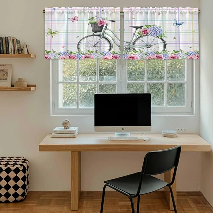 Spring Tier Curtains, Bicycles Botanical Leaves Rose Colorful Stripes Light