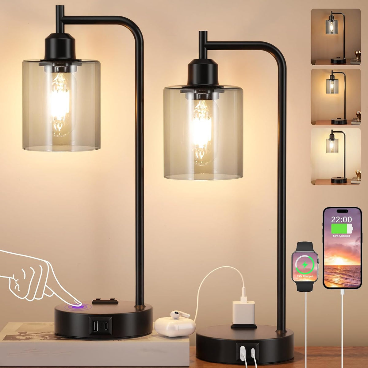 Innqoo Industrial Touch Bedroom Lamps for Bedrooms Set of 2-3-Way Dimmable Table Lamps with USB C+A Ports and Outlet, Bedside Lamps with Gray Glass Shade for Living Room, Desk Lamps for Home Office