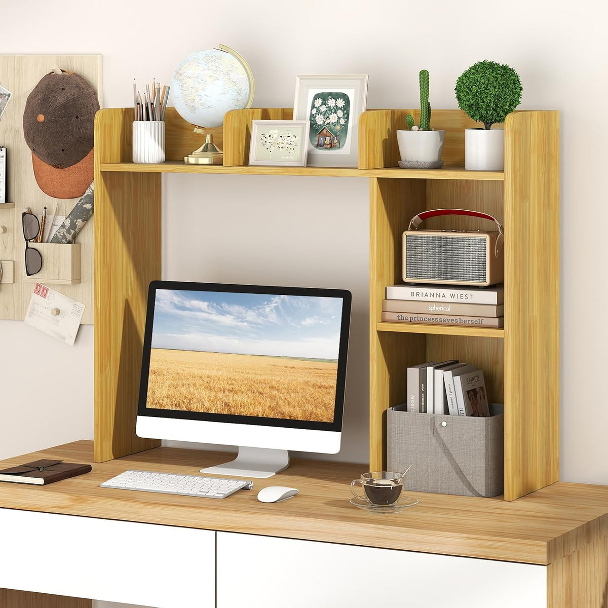 Desktop Bookshelf, 3-Tier Wood Countertop Bookcase with 5 Shelves, Desk Hutch for College Dorm, Multipurpose Desk Organizer Shelf Display Rack for Home Office, Hutch Top Only