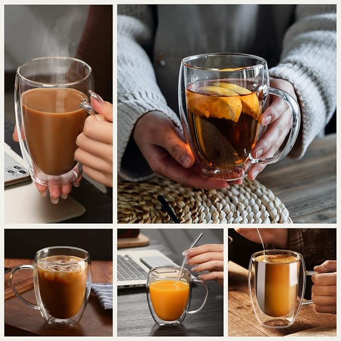 DINGPAI 15 oz Double Walled Glass Coffee Mugs, Large Coffee Mug
